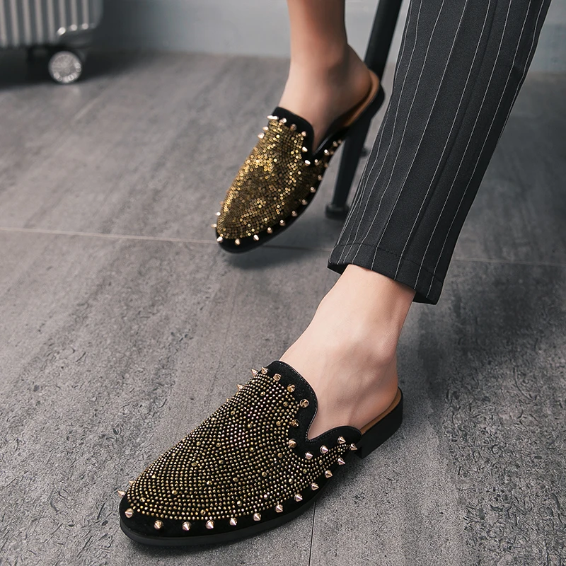 Новые летние крутые мужские тапочки Цвет золотой серебряный черный Мужские