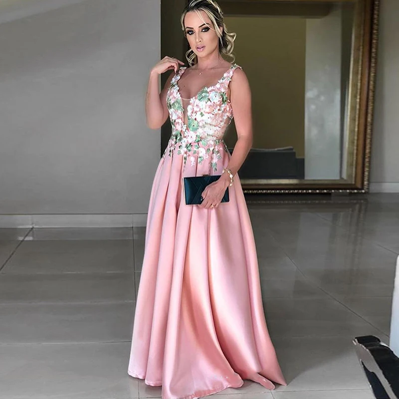 

Pink Evening Dresses V-Neck Appliques A-Line Flowers Satin Floor Length Long Prom Dress Mother of the Bride Party Dress 2020