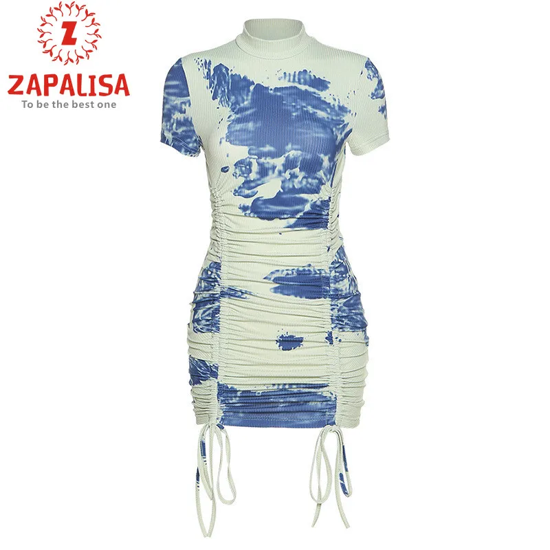 

Fashion Women Summer Pencil Dress Drawstring Shrinkage Design O-Neck Short Sleeve High Waist Print Slim Hips Mini Dress