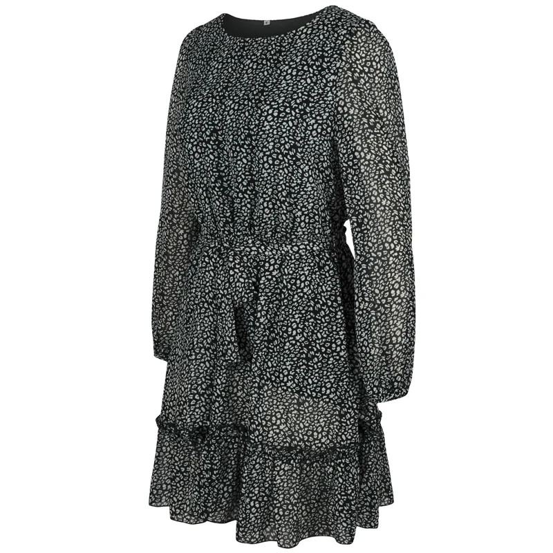 

2021 Women Ruffles Polka Dot Print Round Neck Dress Elegant Summer Spring Casual Fashion Long Sleeve A-Line Mini Dress Party