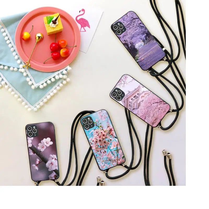 

Pink Flower Sakura Phone Case For iPhone 7 8 11 12 X XS XR MINI Pro Max Plus Strap Cord Chain Lanyard soft