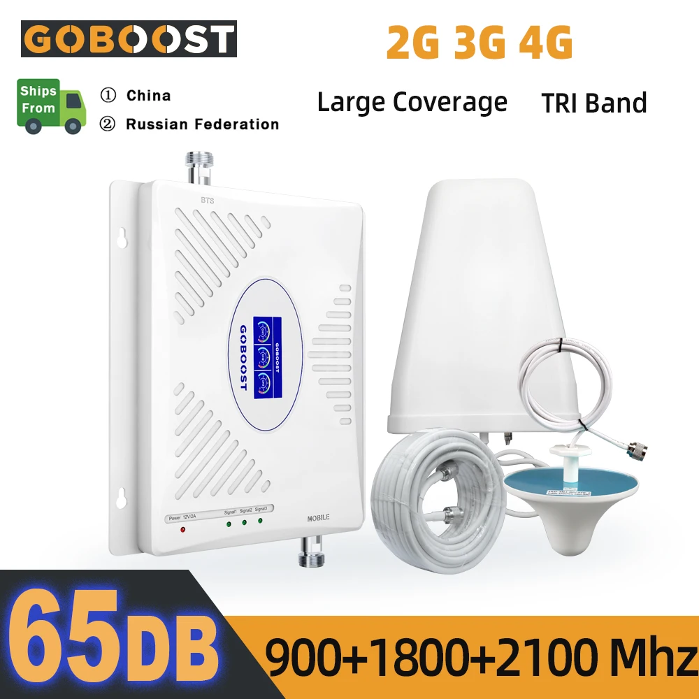 Усилитель сигнала GOBOOST 900 1800 2100 4G LTE трехдиапазонный сотовый GSM DCS WCDMA комплект
