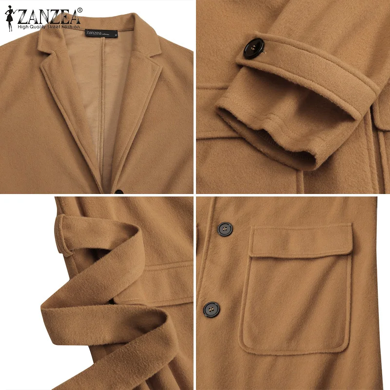 

Autumn Winter Manteau Femme Casual Lapel Single-breasted Outwears Female Solid Waist Belt Cardigans ZANZEA Womens Woolen Coats