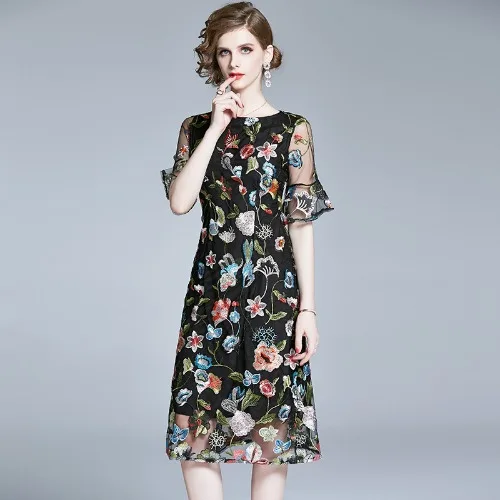 

Summer Mesh Women Dress Floral Embroidered O-neck Work High Quality Dress Vintage Short Sleeve Female Vestidos Slim Lady Dresses