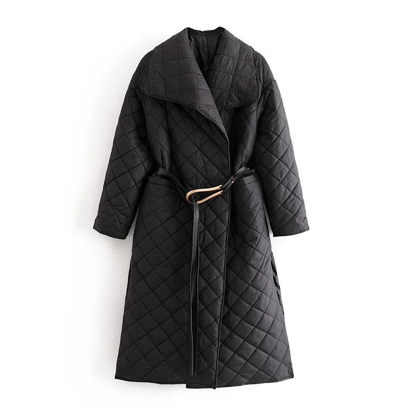 Autumn/winter 2022 Dark Turn-down High-necked Diamond Quilted Cotton Open Side Slit Long Padded Jacket Women's Cotton Jacket