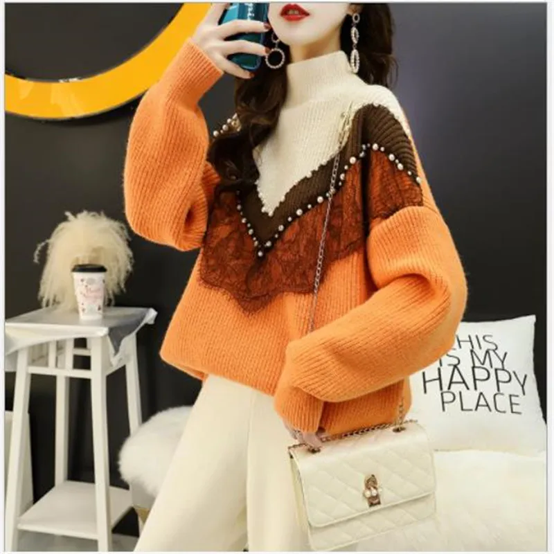 

Patchwork Lace Women Sweater Autumn Pearls 2019 Winter Knitted Tops Jumper And Pullovers Thick Pull Femme Hiver Oversize H271