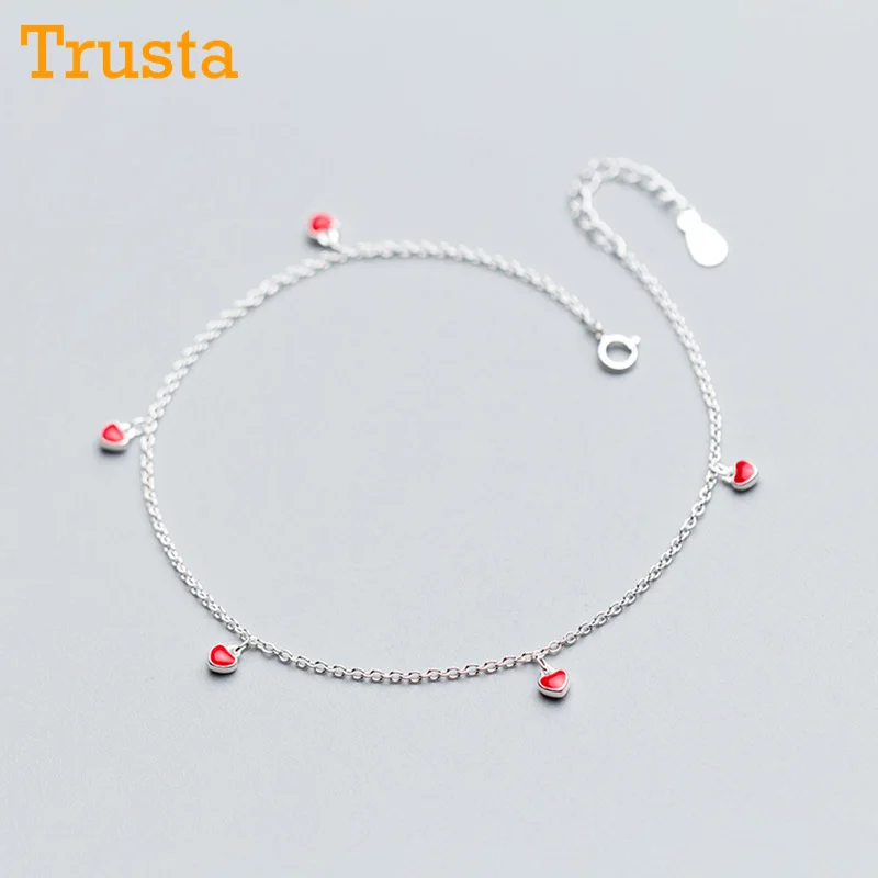 Trustdavis 925 Real Sterling Silver Fashion Women's Jewelry 5 Red Heart 21cm Sweet Anklets For Women Sterling Silver DS600