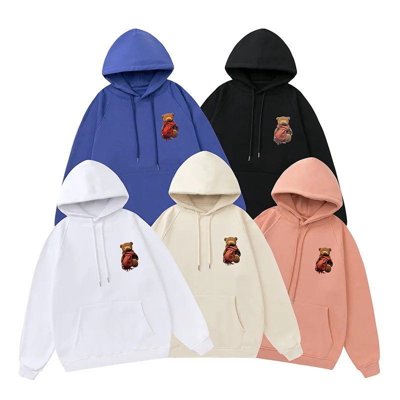 

2021 autumn and winter new back chest scarf bear print sweater casual couple men and women the same style plus velvet hoodides