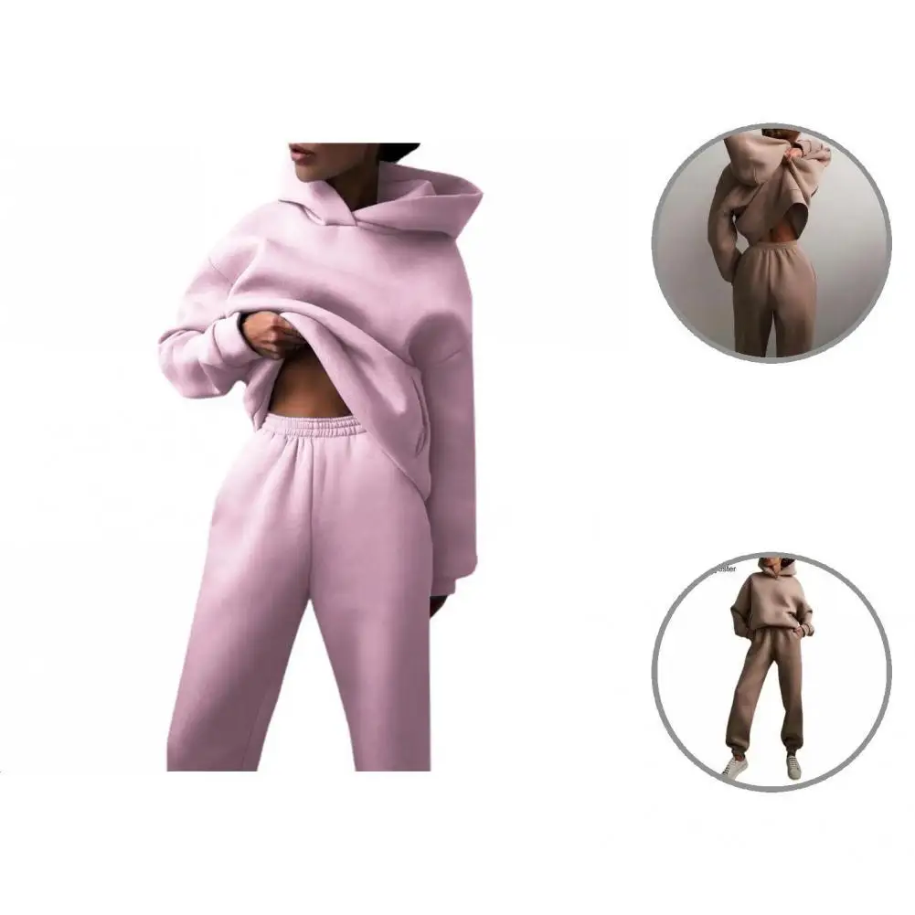 

Warm Fabulous Hooded Elastic Waist Ankle Banded Two Piece Set Casual Hoodie Suit Long Pants for Work