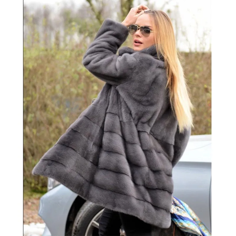BFFUR Long Mink Fur Coats Real Women Winter Trendy New Stand Collar Grey Color Natural Mink Fur Coat Fashion Overcoats Luxury