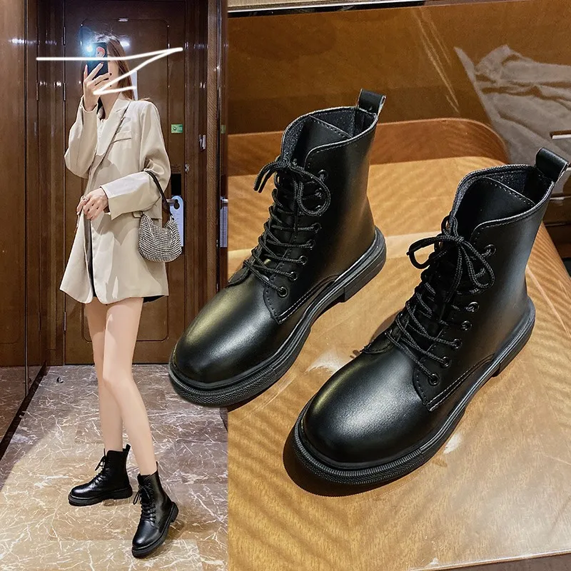 

Women's Lace-up PU Flat Martin Motorcycle Boots Female Vulcanized Black Shoes Fashion Retro Casual Comfy New Zapatos Mujer 2021