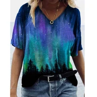 short sleeved t shirt 2021 spring and summer new urban casual printing v neck pullover womens all match wm