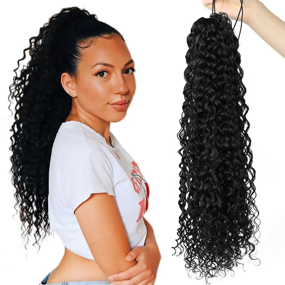Кудрявый вьющиеся Синтетические длинные черные шиньон на шнурке 22 дюйма