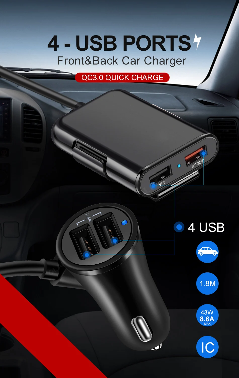 36 Вт Быстрая зарядка 3,0 USB Автомобильное зарядное устройство+ QC3.0 переднее заднее сиденье зарядное устройство 4 порта автомобильное зарядное устройство для iPhone планшет Samsung GPS