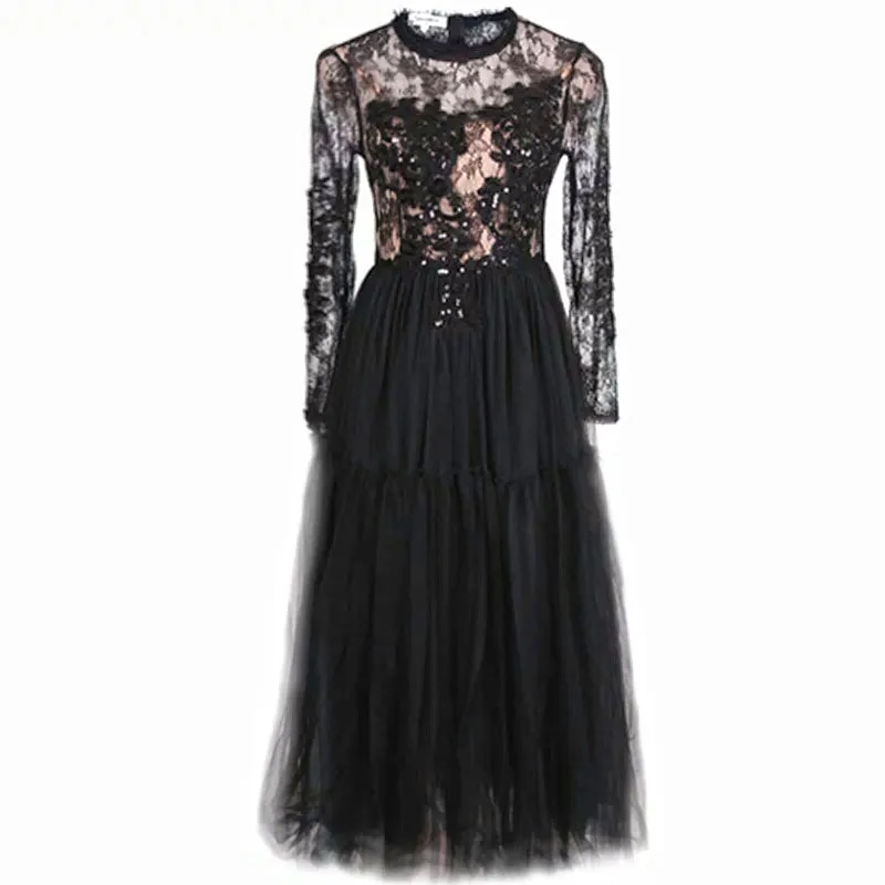 Женское длинное кружевное платье черное прозрачное с длинным рукавом и