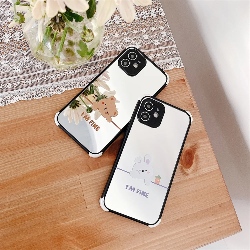 

Luxury Mirror Phone Case for Iphone 12 Pro Coque 11 11promax Cover Cartoon Bear Rabbit Case for Iphone XR XSMAX X 7P SE Fundas