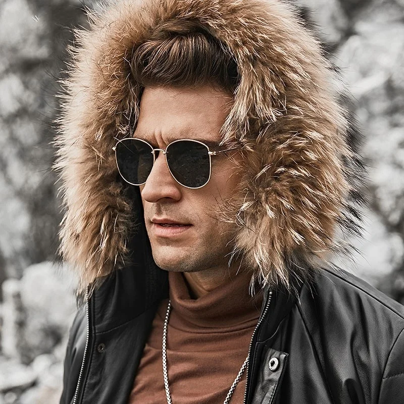 

Raccoon Fur Collar Genuine Leather Mens Down Coats Autumn Winter New Brand Zipper Medium Length Warm Hooded Jackets Plus Size