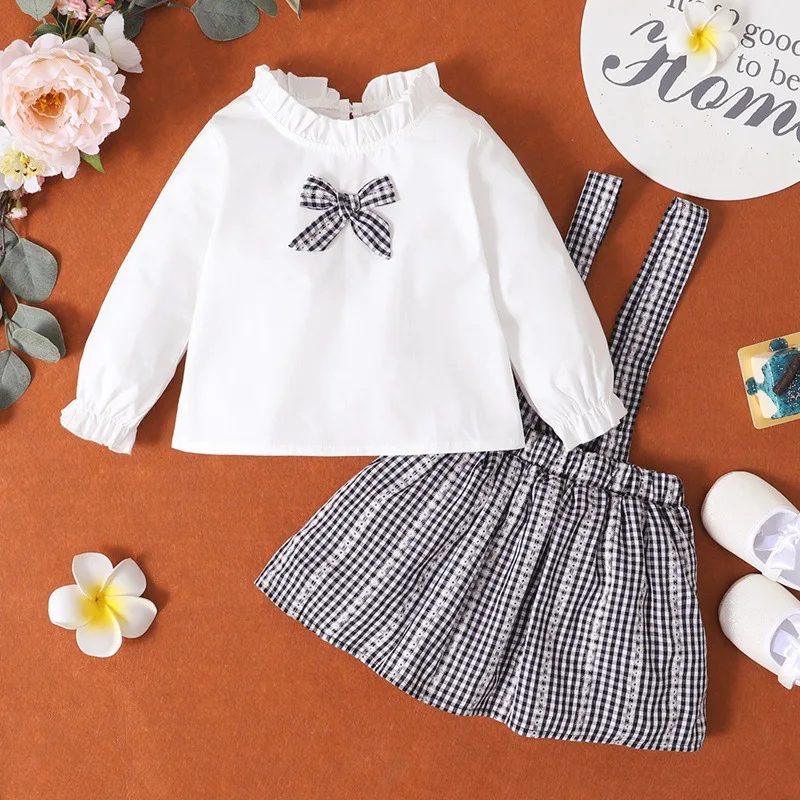 

Girls Clothing Sets Long Sleeve Ruffle Blouse Shirts Bow Plaid Overall Skirts Girl Sets Infant Outfits Baby Girl Clothes Suit