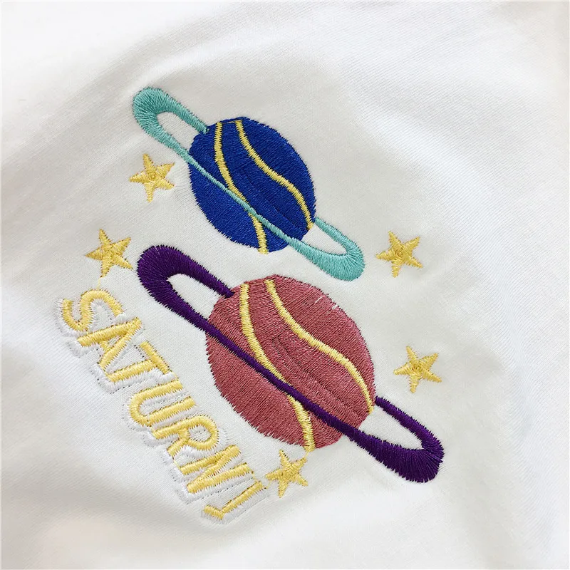 

Zuolunouba Casual Loose Women T-shirt Embroidery Geometric Letter Flicker Planet Female Tees Korean Short Sleeve Summer Tops