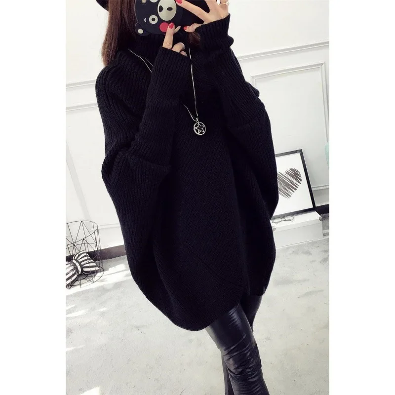 

simple new fashion autumn winter casual knitted women high neck bat long sleeve loose mid length female knitwear 2020 sweater