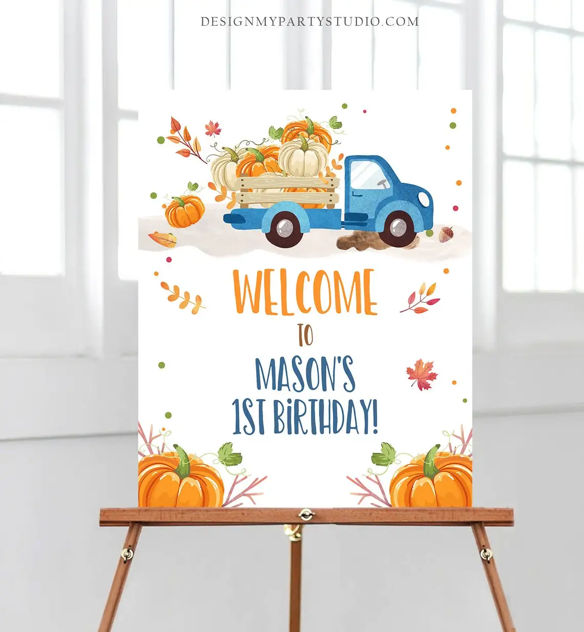 

Editable Pumpkin Welcome Sign,Pumpkin Truck Birthday,Fall Baby Shower,Fall Party Welcome 1st Birthday,Boy Blue Welcome Template