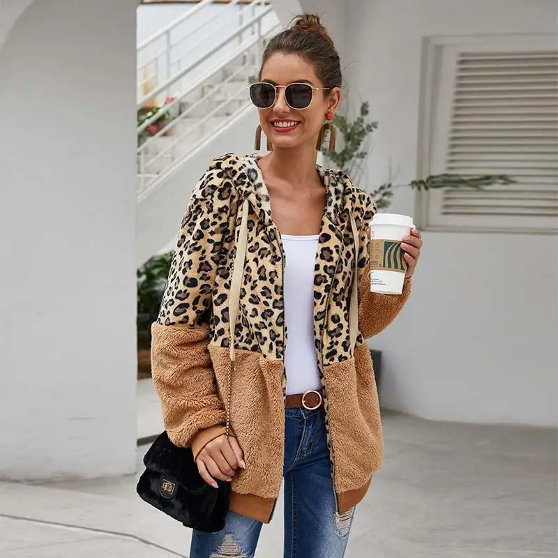 

Nice Autumn Faux Fur Coat Women Leopard Teddy Coat Ladies Plush Hooded Winter Coat Women Fluffy Fur Teddy Jacket Female