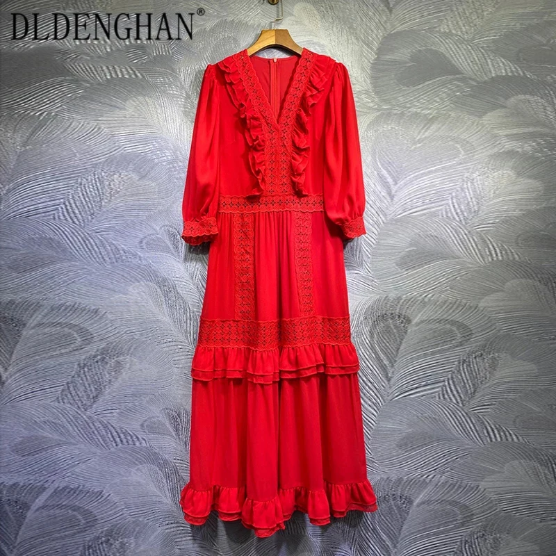 

DLDENGHAN Vintage V-Neck Solid Dress Elegant Ruffles Long sleeve Patchwork party Long Dresses Designer Autumn New