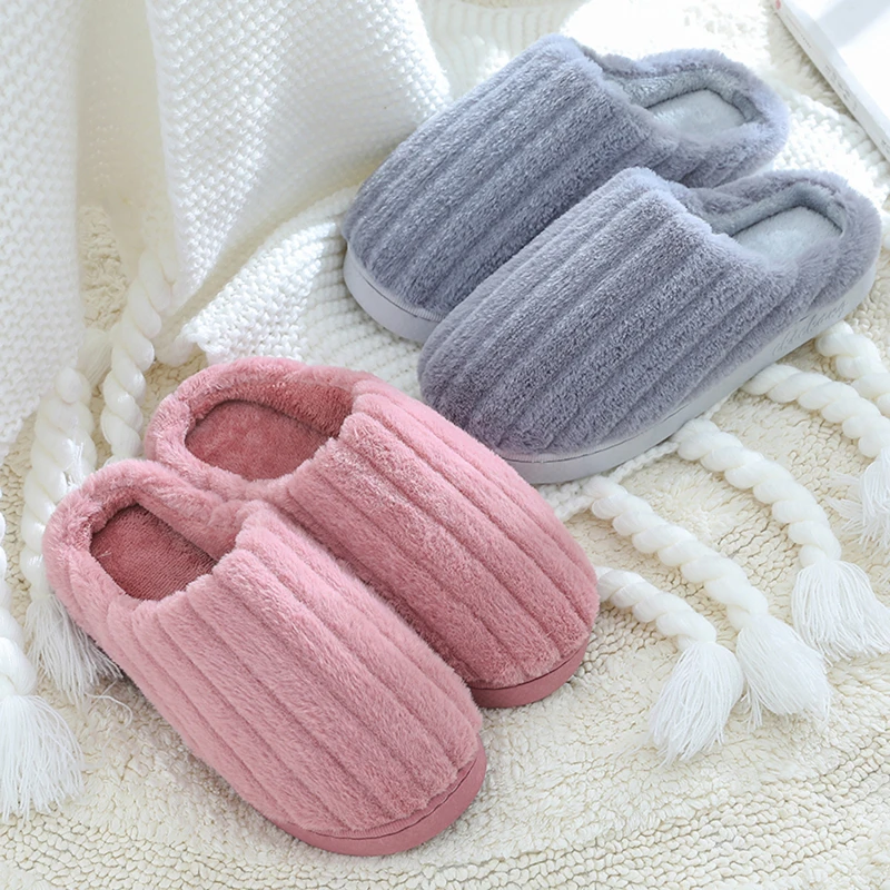 

Winter Indoor Male Slipper Plus Size Couple Striped Fashion Slippers Home Women Plush Warm Non Slip Shoes