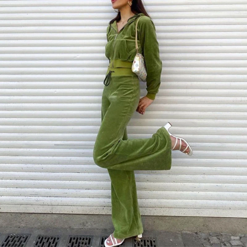 

Осенне-зимний бархатный женский комплект, однотонные толстовки на молнии, топы, повседневные облегающие брюки, спортивный костюм, комплект ...