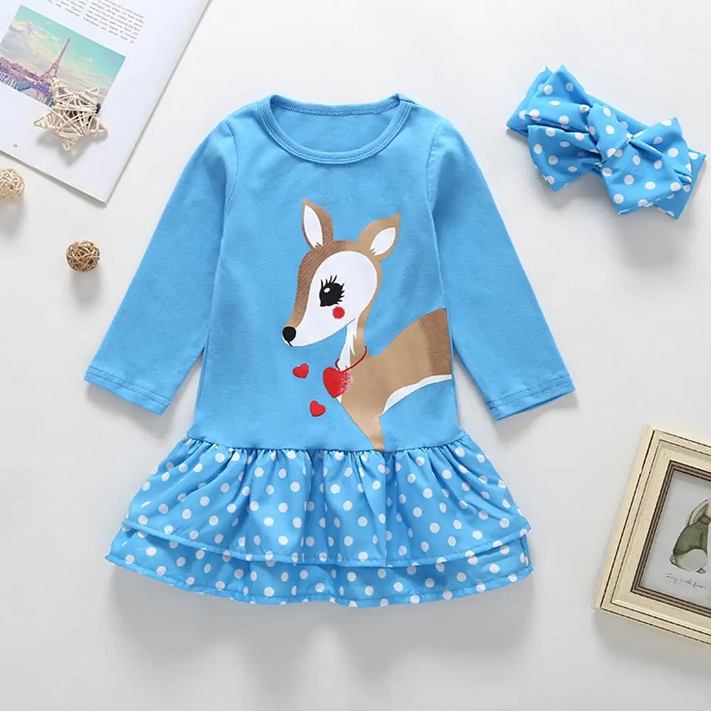 Платье с оленем лента на голову в горошек оборками подоле круглым вырезом летнее