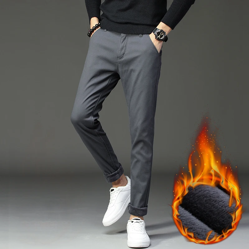 Зимние новые мужские теплые повседневные брюки бизнес мода Slim Fit стрейч плотные брюки мужские брендовые хаки ВМФ серые брюки - Цвет: Серый