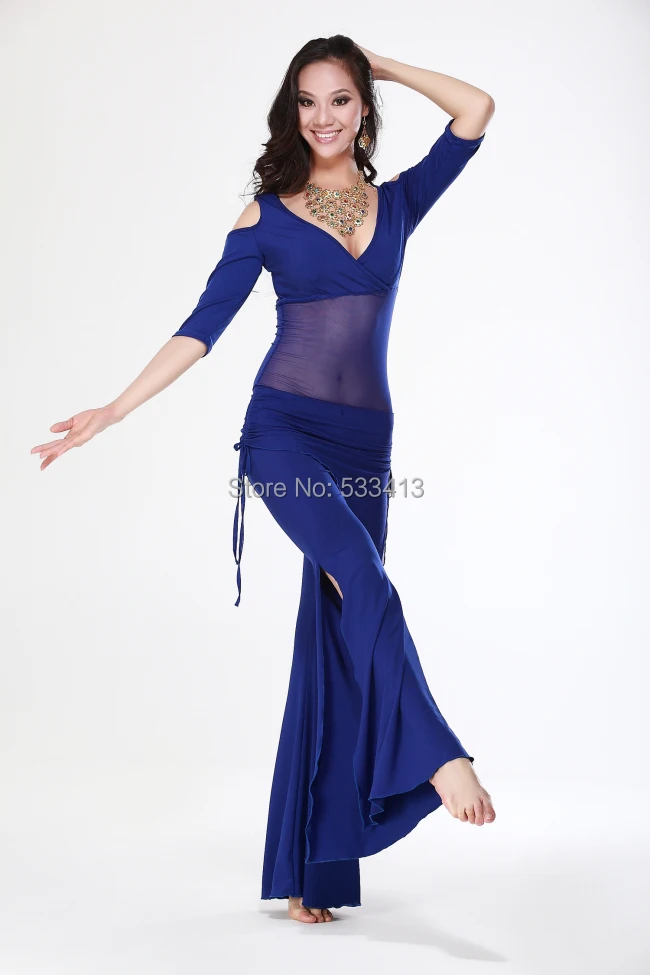 Belly dance costume sexy short sleeves top+milk silk waist pants 2pcs/suit for belly dancing set