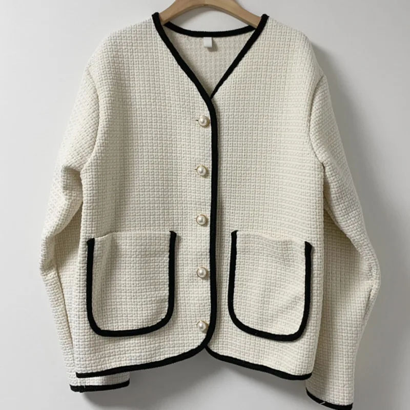 

Tweed Jacket Coat Women Long Sleeve Casual Woolen Outwear Mujer Korean Chic Autumn Vintage French Pearl Buttons Loose