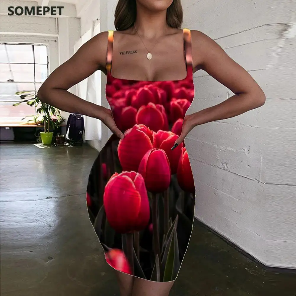 Женское платье Тюльпан с цветочным принтом без рукавов|Женские платья| |