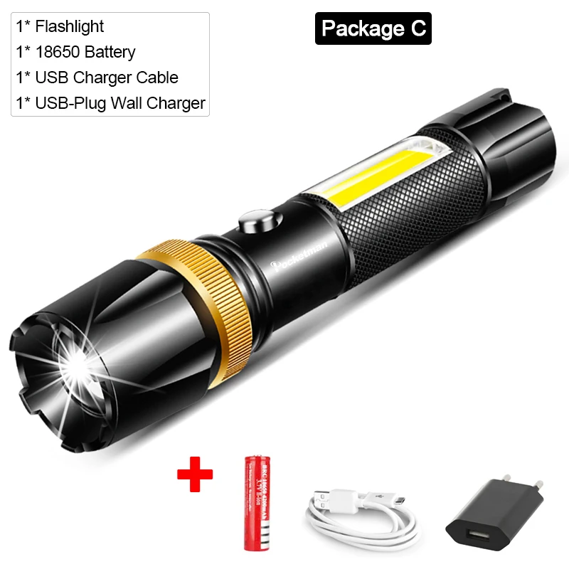 Package C Мощный светодиодный фонарь L2/T6 COB Светодиодный фонарь с подзарядкой от USB, водонепроницаемый фонарь с usb-кабелем, аккумулятор 18650 - Испускаемый цвет: Package C
