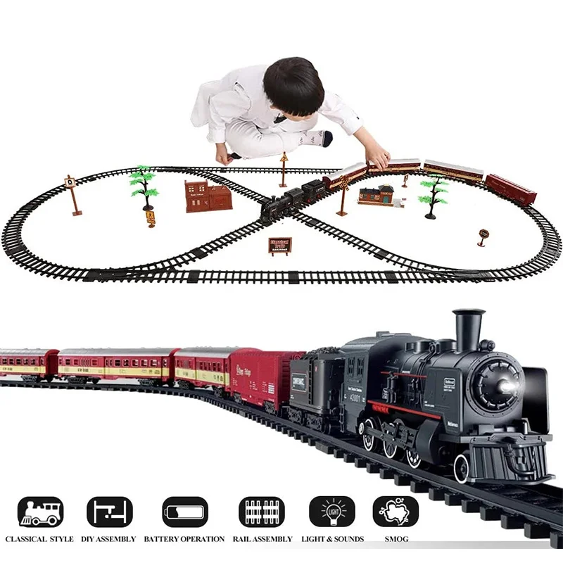 

Tren Eléctrico de juguete para niños, vías de ferrocarril y motor de juguete de locomotora de vapor, modelo fundido a presión,