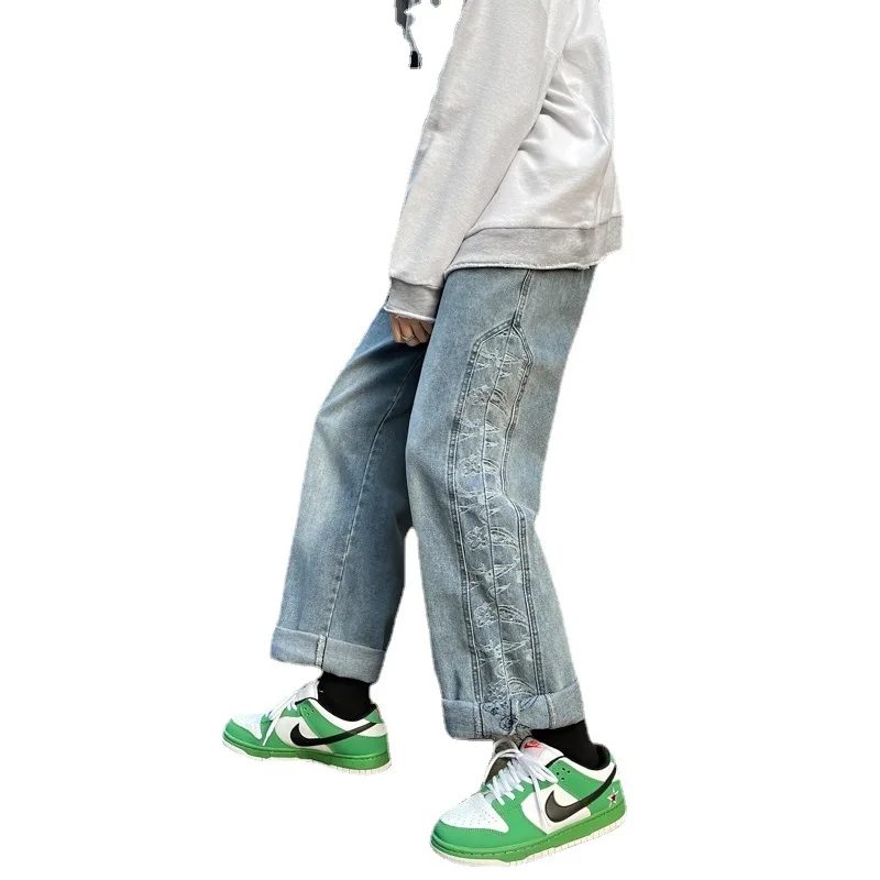 

Hot Sales Men Jeans Autumn Spring 2021 Street Style Denim Trousers Fashion Cashew flowers Jean Wide Leg Straight Denim Men Pants