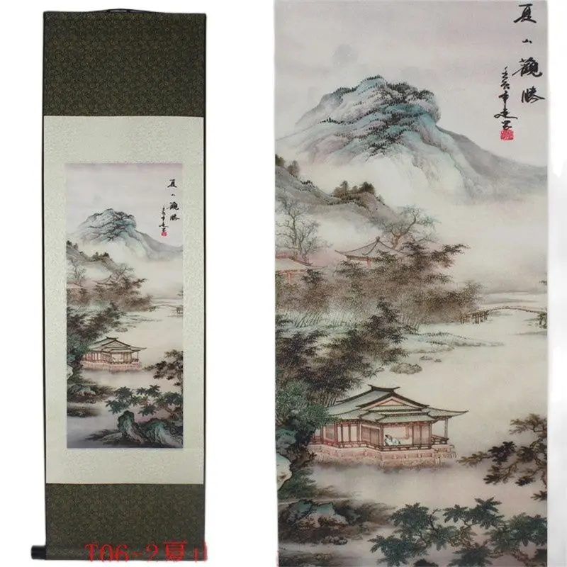 Летняя картина с изображением горного пейзажа шелковая прокруткой китайские