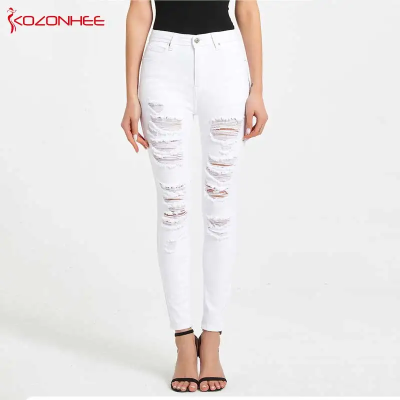 New Stretch Tight white Jeans Woman High Waisted Skinny Distressed Hole Casual Cross-Border Jeans Plus Size Women #07