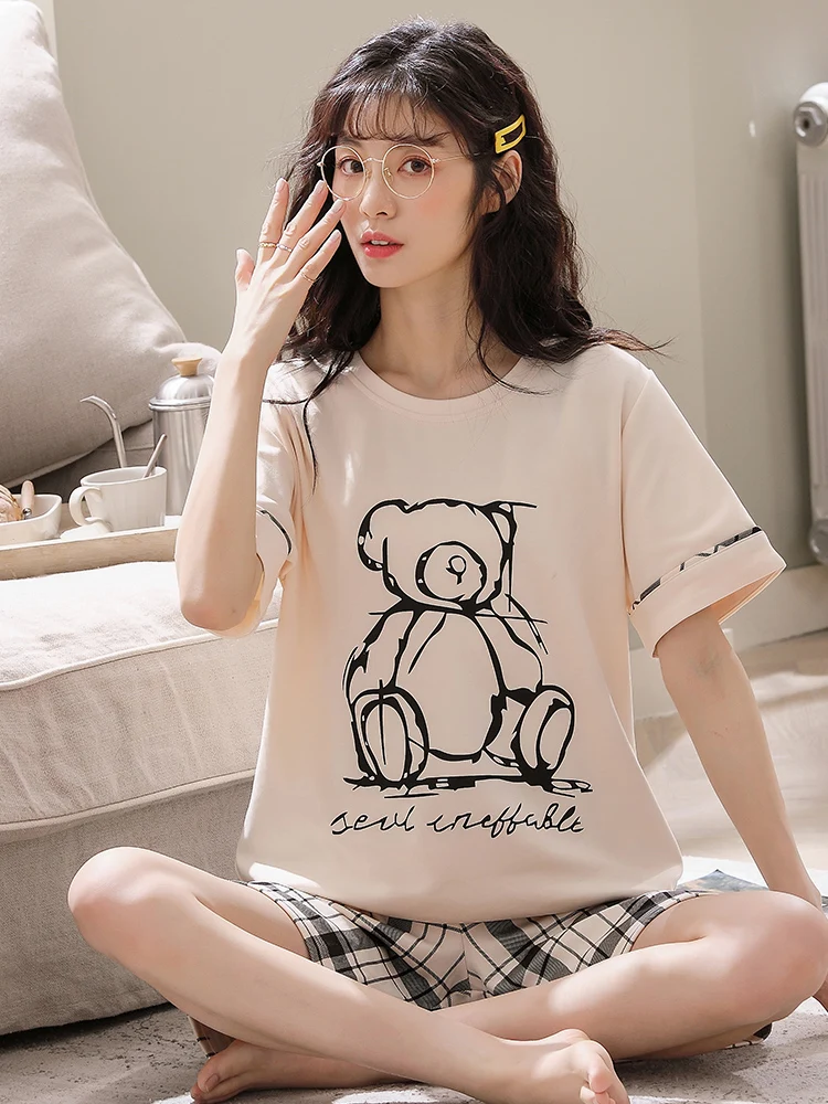

Large Size Women's Pajamas Summer Cotton Short-sleeved Round Neck Home Wear Cute Personality Bear Plaid Shorts Girl Sleepwear