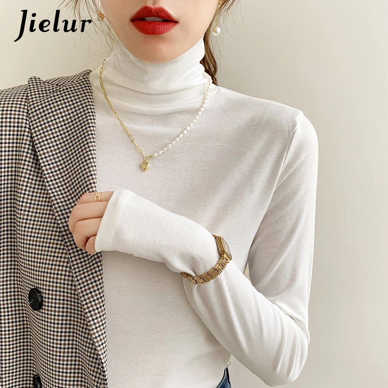 

Jielur 2021 Осенняя водолазка белые женские топы с длинным рукавом однотонные тонкие базовые рубашки с низом женский пуловер S-XL