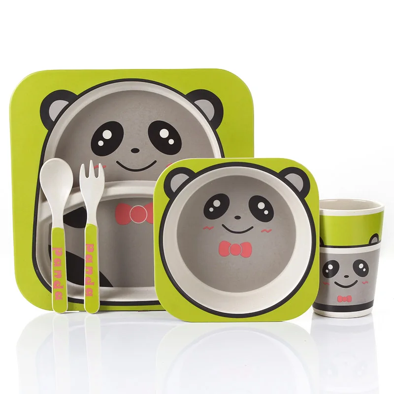 Panda 5 шт./компл. животных, тарелка, чашки декоративные вилки, столовая посуда, набор для кормления, бамбуковое волокно, детский набор посуды для детей, подарки - Цвет: Panda