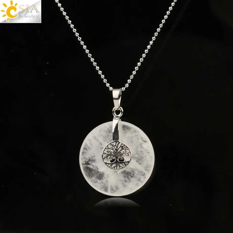White Crystal Chain Csja Древо жизни Подвески натуральный кристалл полый круглый камень «reiki» энергии мудрость деревья Для женщин Для мужчин Подвески Ожерелья G146 - Окраска металла: White Crystal Chain