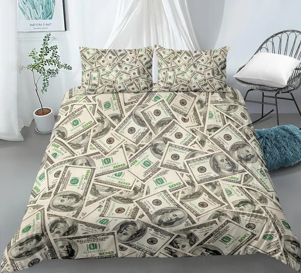 3D Modern Bedding Set Dollar Motif Printed Duvet Cover Vivid Comforter Cover 2/3 Pieces Money Maths Pattern Funny Bed Set