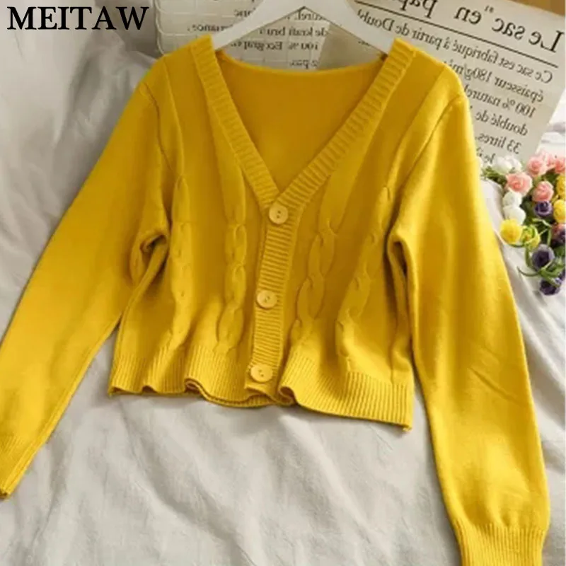 2021 Women Knitted Sweater Cardigans Ladies Korean Harajuku Long Sleeve Autumn Winter V Neck Crop Knitwear |