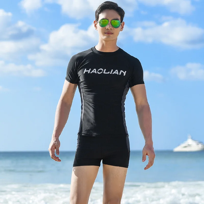 New Men's Swimwear Suit Short-sleeved Shirt Boxer Swim Trunks Loose XL Split Swimwear Quick-drying - Цвет: Black