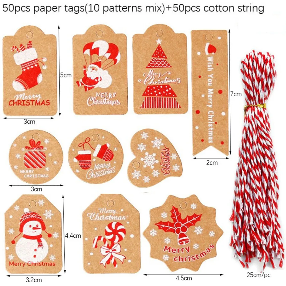 

50PCS Paper Merry Christmas Gift Tags Santa Snowman Elk DIY Hang Tags With Rope Natale Decorazioni New Year Decorations 2022