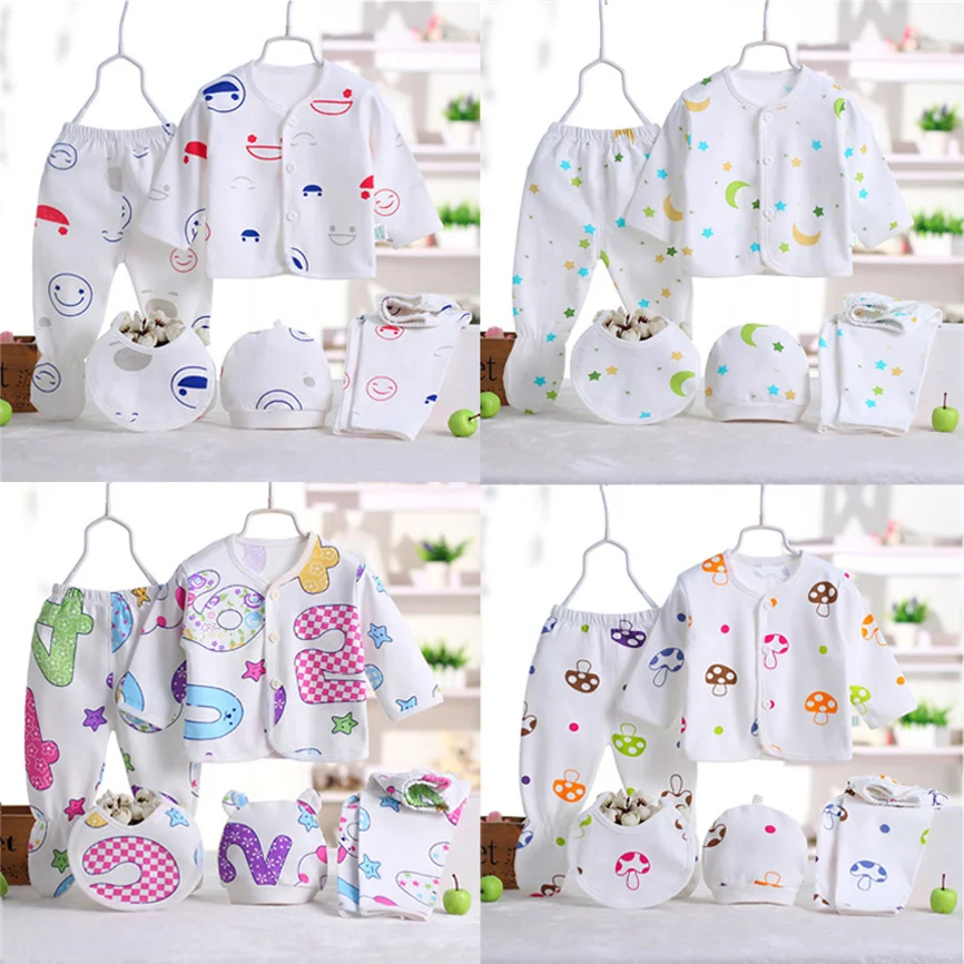5PCS Baby Clothes Newborn Boy Girl Outfi Cute Cartoon Long Sleeve Tops+Hat+Pants +Bib Outfit Set Soft Comfortable Clothe | Детская
