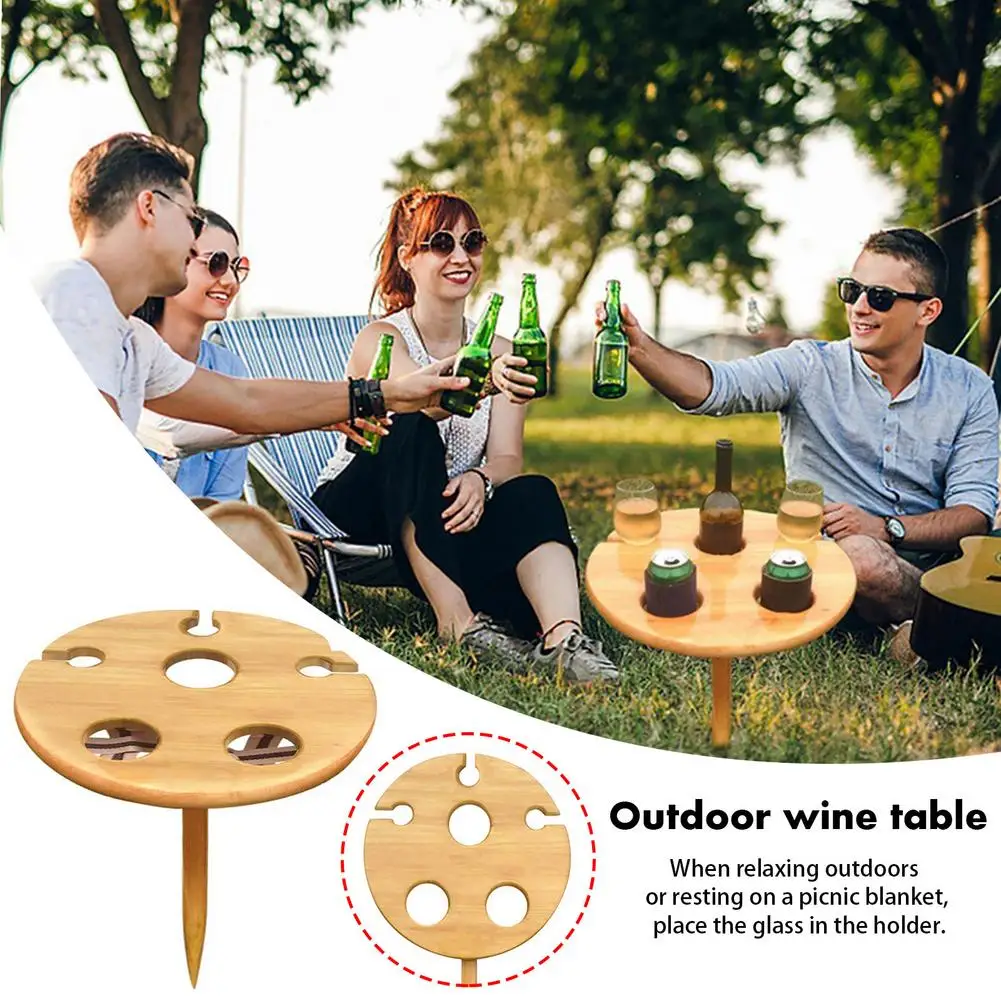

Outdoor Foldable Wine Rack With Round Desktop Wooden Picnic Table Camping Kamp Malzemeleri Survival Tool Camping Outdoor