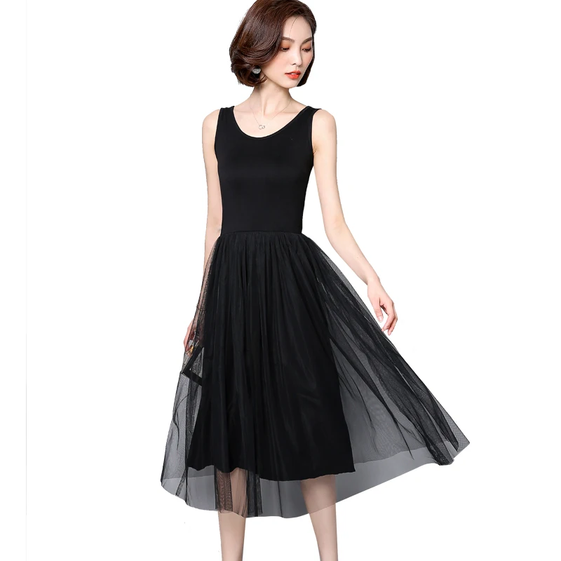 

Women Summer Dress 2020 Modal Mesh Patchwork Stretch Sundress Robe Femme Elegant Vintage Casual Long Gown Dress